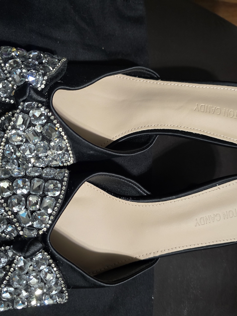 Crystal-Embellished Black Satin Mules by Unknown Brand